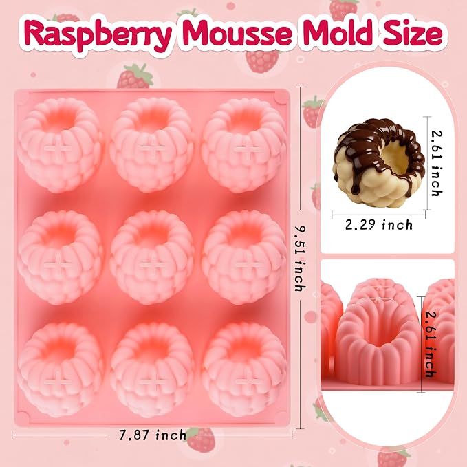 2Pcs Silicone Raspberry Mousse Molds for Mousse Cake, 9-Cavity Raspberry Fruit Molds Silicone for Mousse, Candy, Jelly