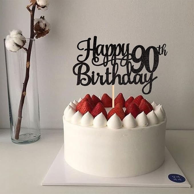 1 PCS Happy 90th Birthday Cake Topper Glitter Cheers to 90 Years Birthday Cake Pick 90 Fabulous Cake Decoration for Happy 90th Birthday Theme Party Decorations Supplies Black