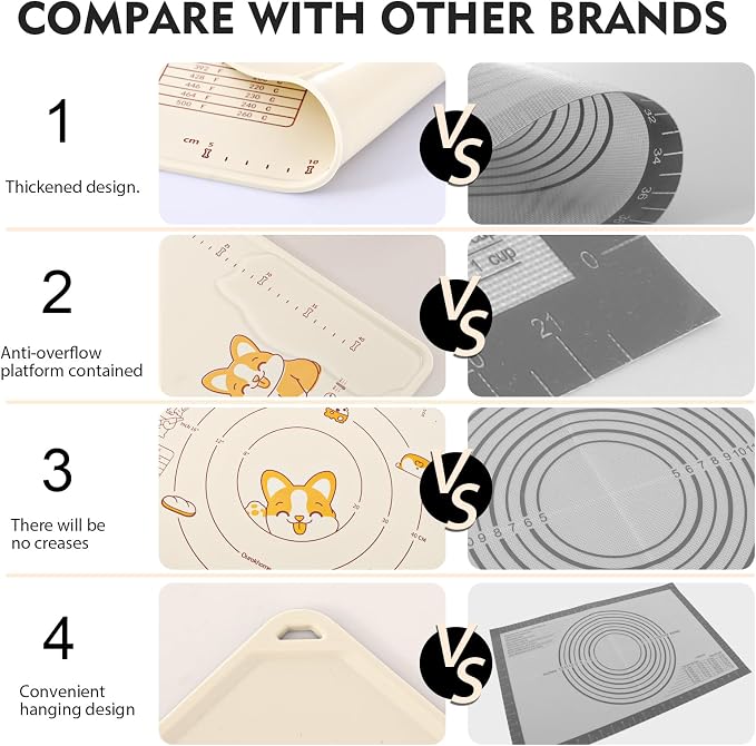 Ourokhome Silicone Baking Mat Sheet and Pastry Dough Cutter, 0.5 Inch Thick 20'' X 16" BPA free Silicone Rolling Mat, Non-Stick and Anti-Slip, Dishwasher Safe (Beige)