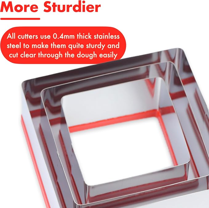 Large Square Cookie Cutter Set, 3, 4, 5 Inch, Stainless Steel Biscuit Cutters for Baking, Sandwich Cutter Shapes for Kids, Red Soft Rubber Top for Protection