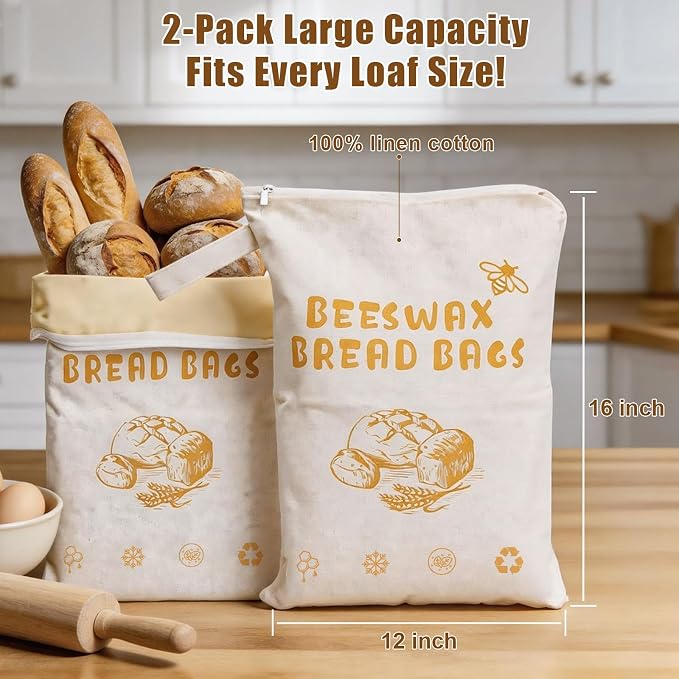 2 Pack Beeswax Bread Bags for Sourdough, Reusable Bread Bag with Wide Zipper, 16×12 Inch Large Capacity Cotton Bread Storage Bags for Homemade Bread Freezer-Friendly & Freshness Preservation
