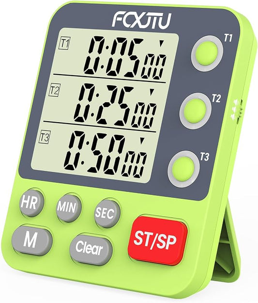 Digital Dual Triple Kitchen Timer, 3-Channel Magnetic Countdown Timer for Cooking, Large Display Stopwatch Multi Food Classroom Timer Loud Alarm for Seniors Teachers Battery Included (Green)