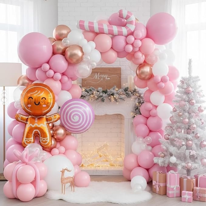 Pink Christmas Balloon Arch Kit, Pearl White Pink Rose Gold Balloons with Lollipop Candy Crutch Gingerbread Man Foil Balloons for Xmas Holiday Winter Birthday New Year Party Decorations