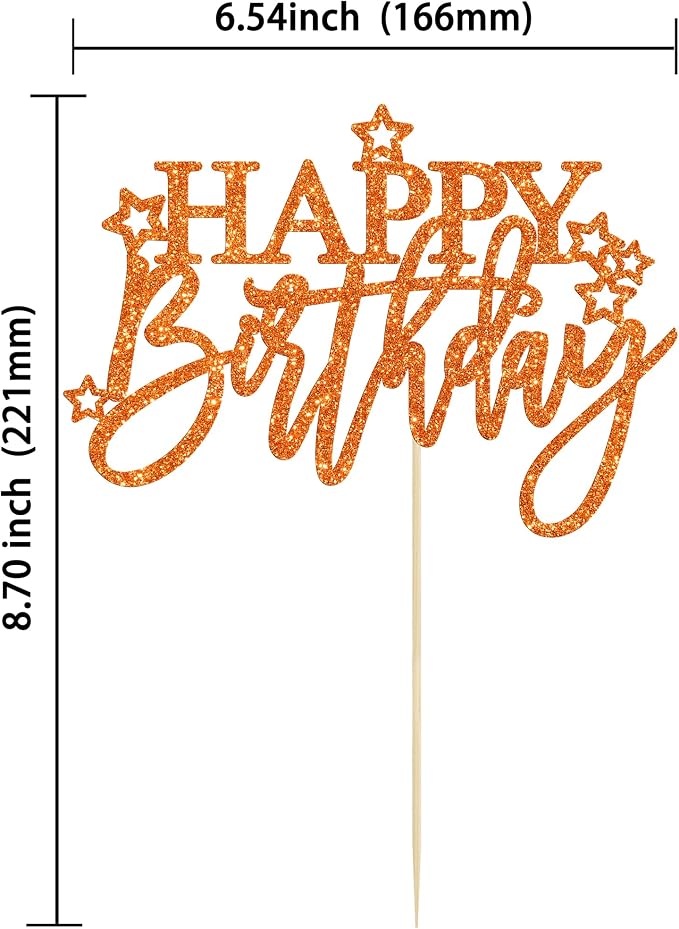 Gyufise 1Pcs Happy Birthday Cake Topper Glitter Cake Pick for Celebrating Anniversary Theme Party Cake Decorations Supplies Light Orange