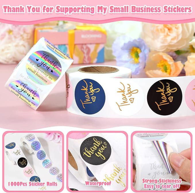1000Pcs 1.5Inch Thank You Stickers, Holographic Thank You for Supporting My Small Business Stickers Thank You for Your Order Stickers Labels Packing Supplies for Baking Envelopes Gift Wraps Crafts