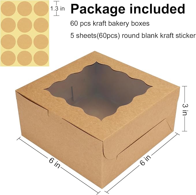 60 pcs Bakery Boxes with Window, 6 x 6 x 3 inches, Kraft Cookie Boxes Pastry Boxes for Baked Goods (Brown)