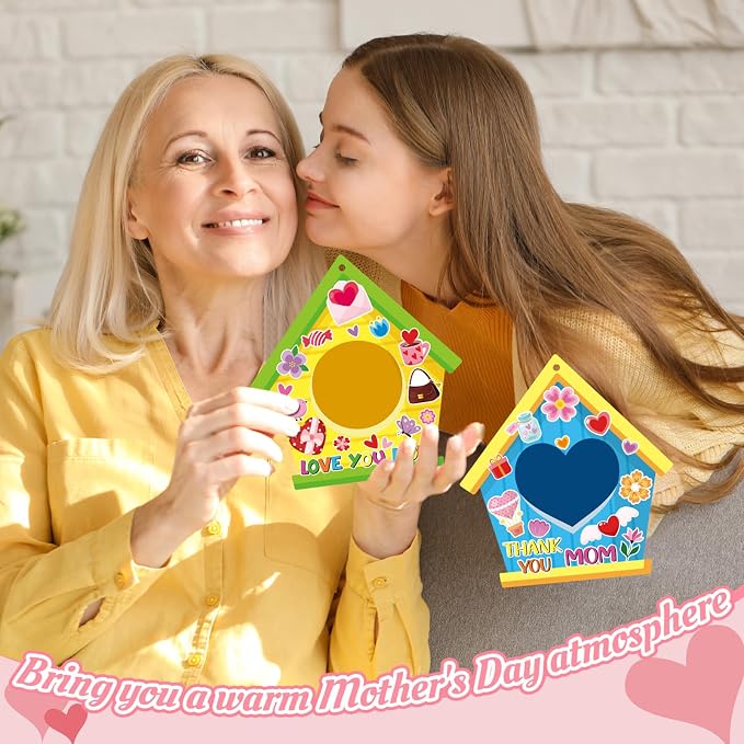 Dianelhall 24 Sets Mother's Day Picture Frame Craft Kit Love You Mom Photo Crafts Spring House Picture Frame Gift with Flower Stickers for Spring Mother's Day Classroom Holiday Party Activities(House)