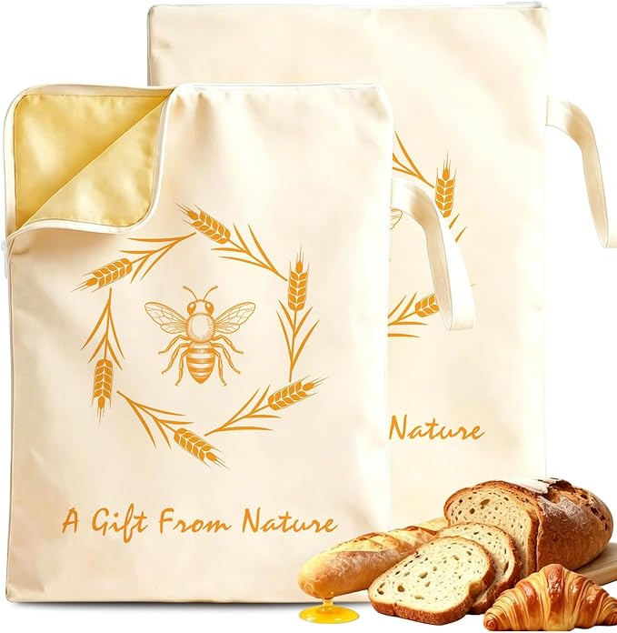 2 PCS Beeswax Bread Bag with Wide Zipper, Breathable Bags Bread | Breathable Bees Wax Bread Bag with Wide Zipper, Freezer Safe Beeswax Bags for Bread, Homemade Bread Storage