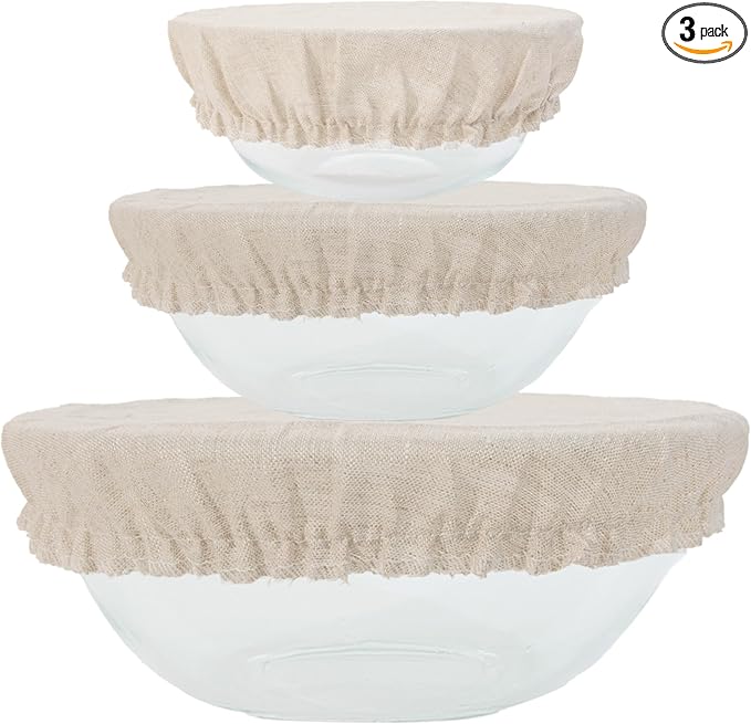 3 Pack Reusable Bowl Covers for Bread Proofing, 6/8/10 Inch Linen Bowl Covers with Elastic Rim, 100% Natural Organic Linen, Unbleached, Elastic Lids for Sourdough, Dough Proofing and Food Storage
