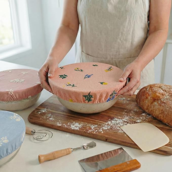 Reusable Bowl Covers (Set of 4) - Breathable Cotton Linen Sourdough Accessories - Elastic Durable Fabric Food Lids for Proofing Baskets & Bread Baking Supplies (Dusty Peach)