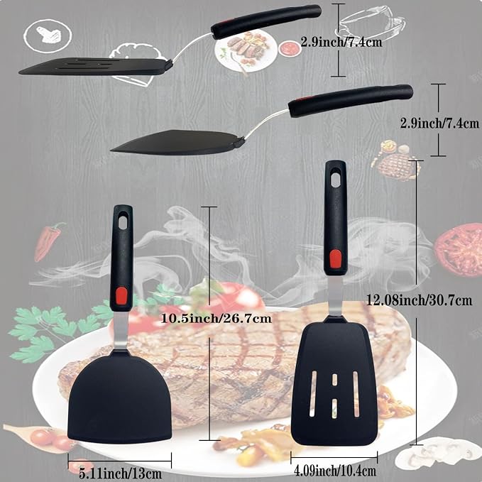 Silicone Spatula Set of 2 for Nonstick Cookware,Tenta Tenta Kitchen Slotted Angle Round Pancake Spatulas 600°F Heat Resistant Classic Rubber Spatula Set For Cooking-Grey/Black