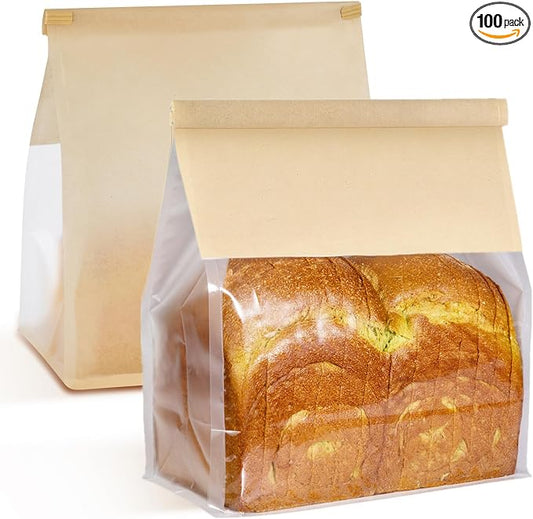 Ocmoiy 100Pcs Large Paper Bread Bags, Resealable Sourdough Bread Bags, Clear Front Tin Tie Tab Lock Bakery Storage Bag with Window Paper Treat Bag (8.7x4.3x11 Inch)