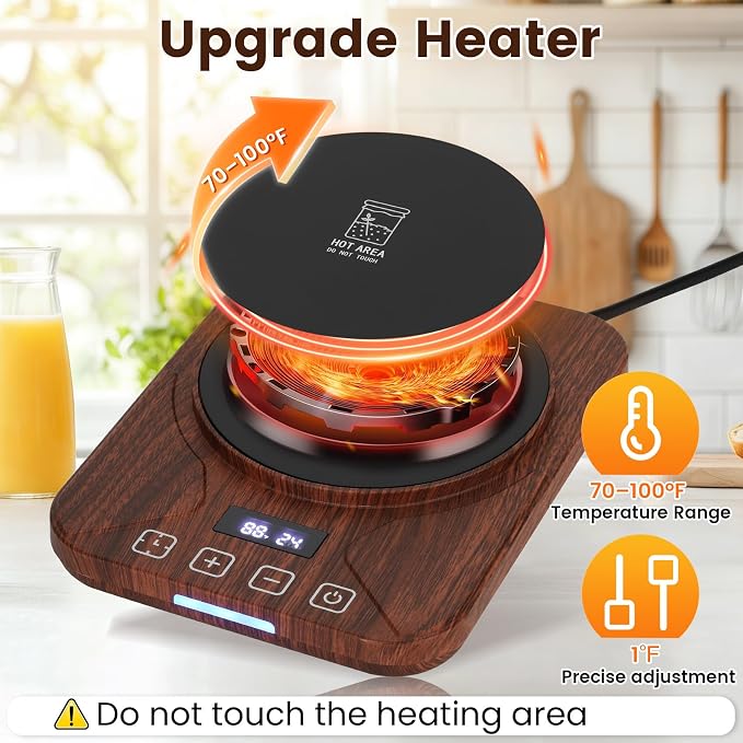 Sourdough Starter Warmer with 1°F Thermostat Control(70-100℉)24H Timer Memory Function Heating Pad for Fermentation, Heating Mat for Home Baking Fits Jars Up to 40oz (Wood Grain)