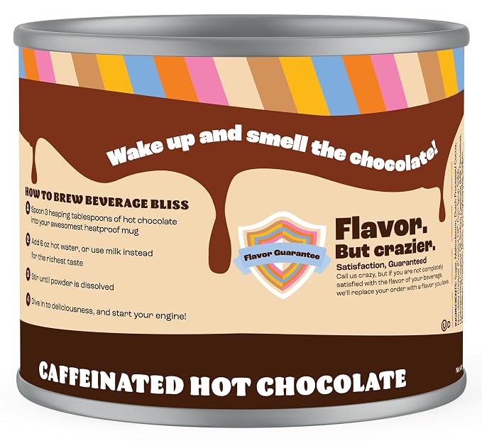 Crazy Cups Caffeinated Molten Chocolate Souffle Hot Cocoa Mix - Premium Coffee Substitute, 12 Ounce Canister for Bulk Hot Chocolate Lovers