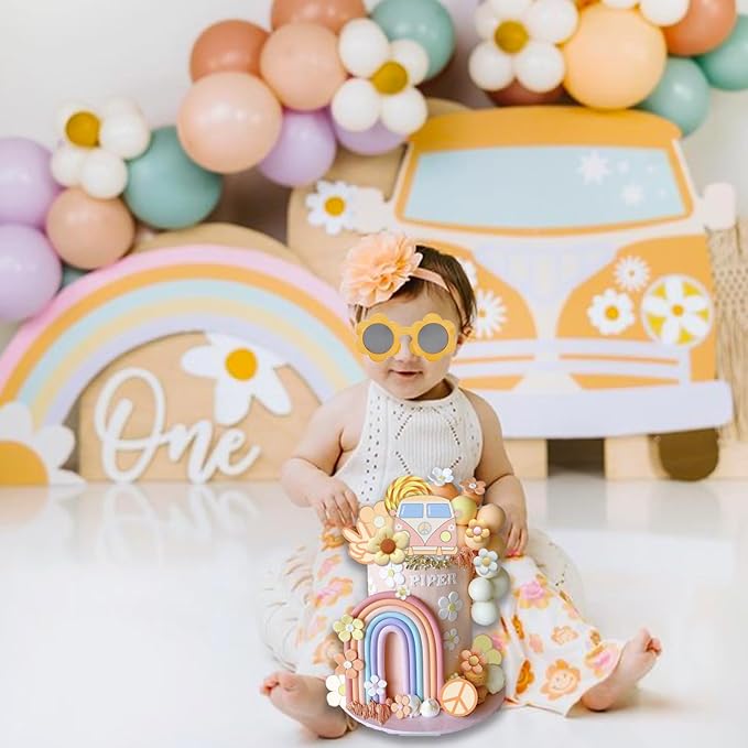 40 PCS Groovy Cake Topper Boho Cake Toppers Rainbow Cake Decoration Mini Balls Daisy Flower Cake Toppers for Retro Hippie Party Girl Birthday Party Groovy Boho Rainbow Wedding Party Supplies