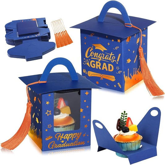 Outus 30 Pcs Graduation Cupcake Boxes Graduation Gift Box Congrats Grad Cupcake Container Candy Boxes with Window and Tassel for 2026 College High School Grad Party(Blue and Orange)