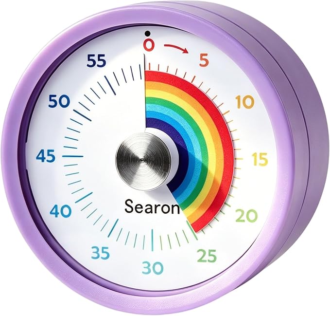 Searon Magnetic Visual Timer for Kids — 3.15" 60-Minute Rainbow Dial Timer for Homework, Study & Morning Routines, Silent LED Mode, Pause Function for ADHD, Kitchen, Cooking & Baking (Purple)