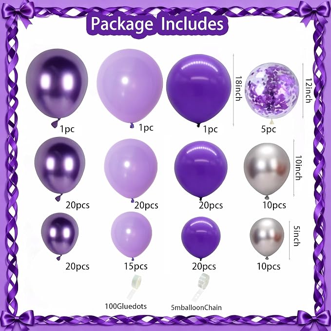 144Pcs Purple Silver Balloon Arch Garland Kit, 18/12/10/5 Inch Lavender Latex Metallic Confetti Silver Balloon Garland For Birthday Wedding Anniversary Graduation Engagement Baby shower Decorations