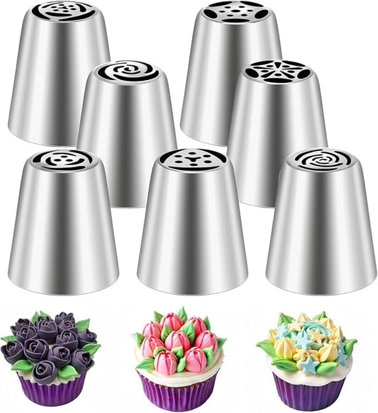 7 Pcs Piping Tips Round Hole Cake Frosting Nozzles Set Stainless Steel Cupcake Decorating Tool Russian Pastry Icing Dispensers for Baking Cookies Puff Cream Bag Filler (Russian medium)