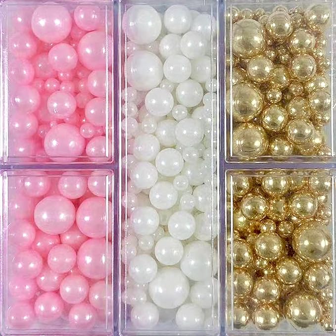 Sentovac Pink White Gold Pearls Sprinkles 4 Size（2mm 4mm 7mm 1cm）Mix for Cake Decorating Candy Cupcake Cake Topper Cookie Baking Decorations Supplies