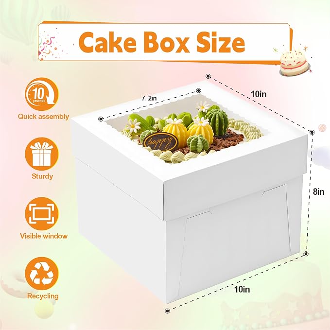 3pcs Cake Boxes, 10x10x8 Inch Cake Box With Viewing Window and Cake Board and Stickers, Tall Cake Box, Suitable for Birthday, Party, Wedding, Banquet