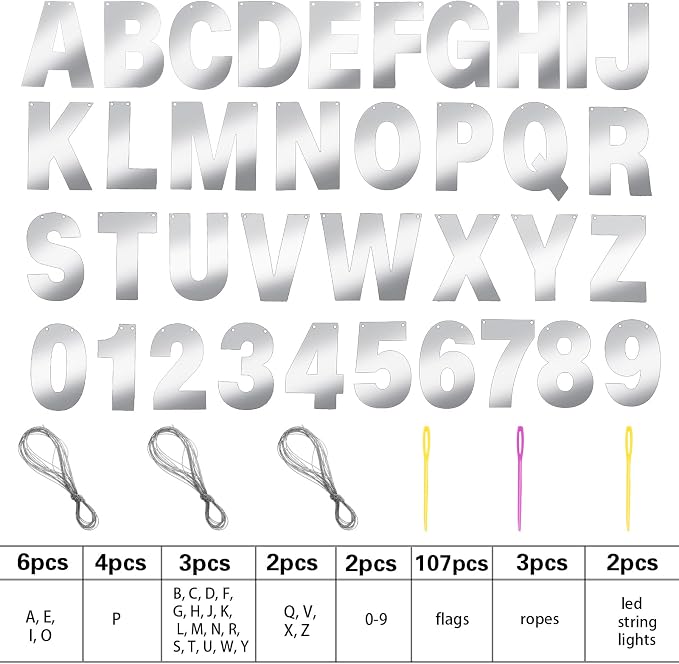 TaoBary 112 Pcs DIY Letter Kit Glitter Customizable Banner Letters Include 107 Letters and Numbers 3 Rope and 2 Needles for Birthday Halloween Christmas Wedding Valentine Party Decor(Glossy Silver)