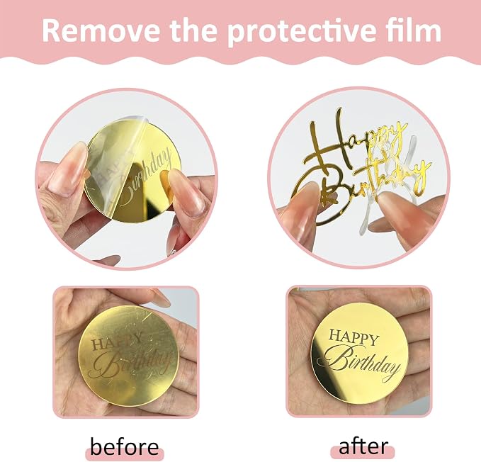 24 PCS Gold Acrylic Cupcake Toppers 8 Styles Happy Birthday Cake Topper Engraved Cake Picks for DIY Party Decoration