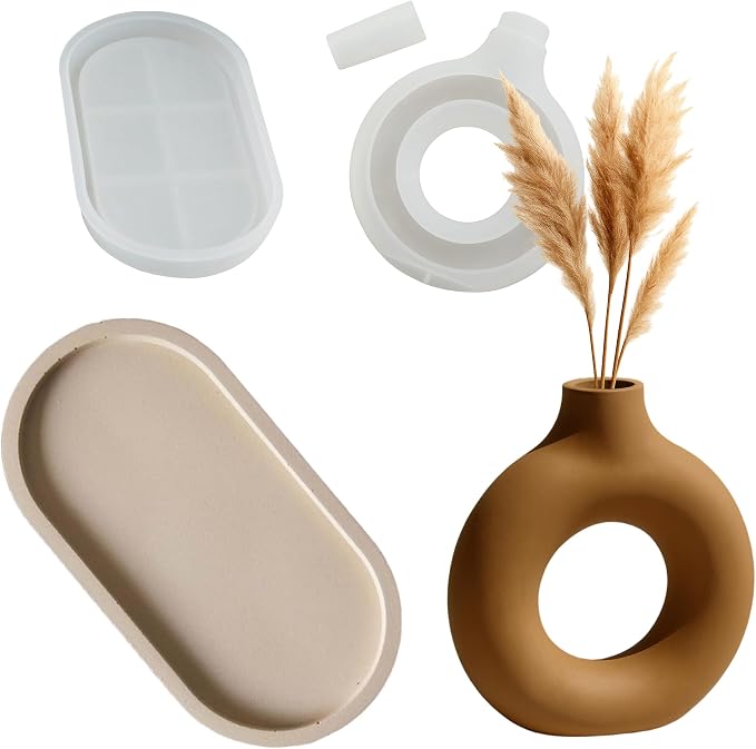 Silicone Mold Set for Concrete and Resin, Oval Tray Mold with Modern Donut Vase Mold, DIY Home Decor Casting Forms