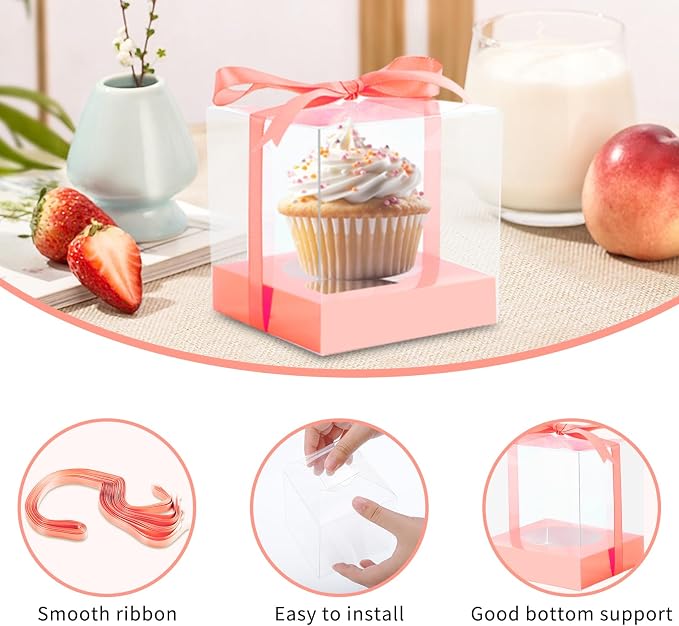 24 Pcs Clear Plastic Cupcake Boxes, 3.5 Inch Single Cupcake Containers for Cake Dessert, Individual Cake Storage Holder with Ribbon Wedding Birthday Party Favor (Rose Gold)