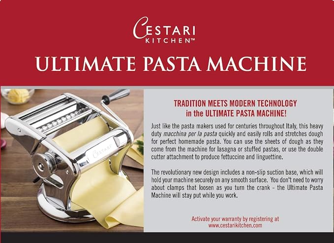 Cestari Stainless Steel Pasta Machine - 150 mm Roller with Patented Suction Base for No-Slip Use - Includes Pasta Cutter, Hand Crank, and Recipes