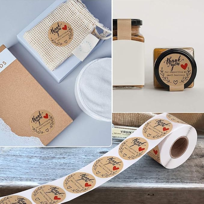 2'' Thank You for Supporting My Small Business Stickers, Kraft Thank You Labels for Bakeries, Crafters & Small Business Owners, 500 Labels Per Roll