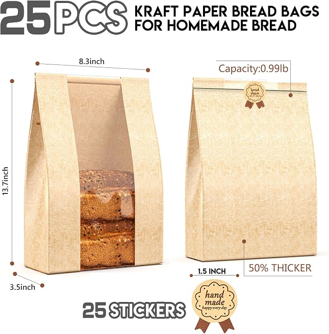 Bread Bags for Homemade Bread Sourdough 25Pcs - Kraft Paper Bakery Bags for Food Packing Storage with Label Seal Stickers (13.7 x 8.3 inch)
