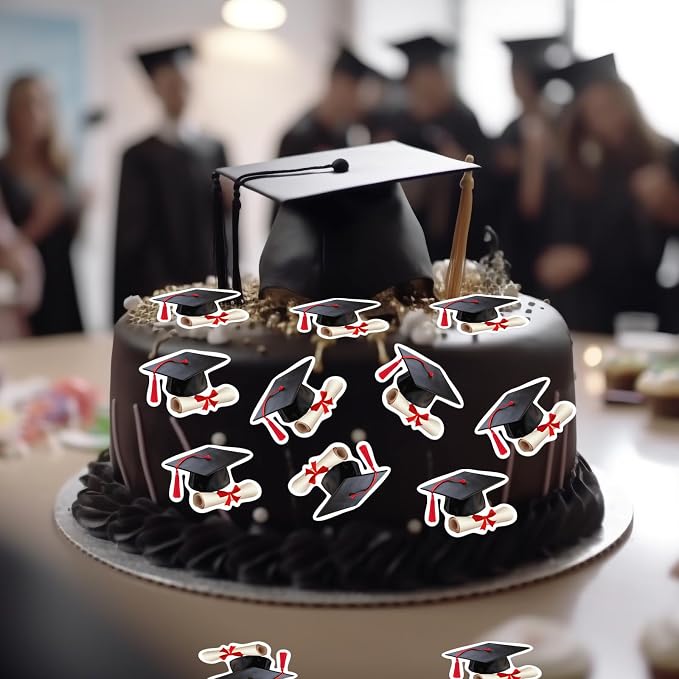 48pcs Edible Graduation Cap Cupcake Toppers Wafer Paper Red Grad Cap Diploma Cake Decorations Edible Grad Cap Cupcake Picks for 2026 Graduation Theme Party Cake Decor Supplies