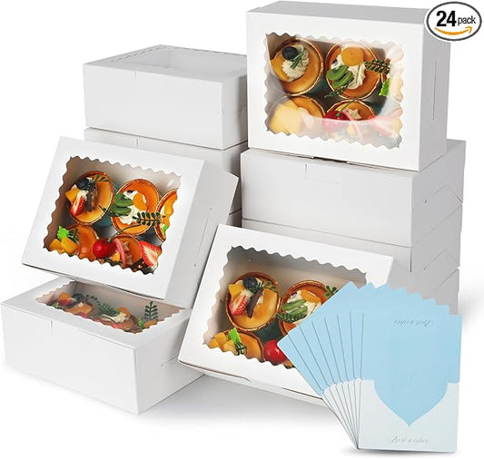 24pcs Cookie Boxes, 8x6x3 Inches 2 Style Window Cookie Boxes, Valentine's Day Bakery Boxes Treat Boxes Strawberry Boxes for Chocolate Covered Strawberries, Muffins, Donuts