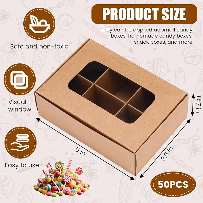 50 Pcs Kraft Treat Boxes with Window and Dividers, Empty Candy Truffle Baking Boxes, Square Cupcake Cookies Containers for Wedding Gift Giving (5 x 3.54 x 1.57 Inches,Brown)