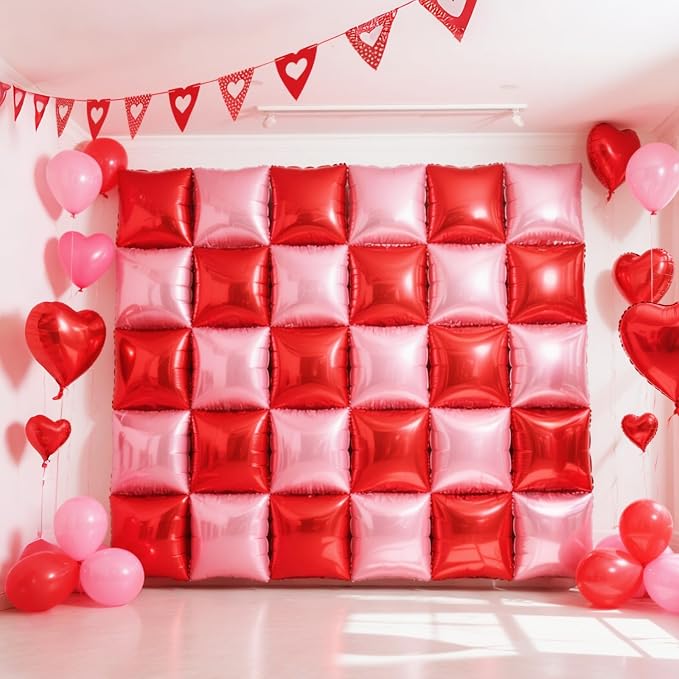 NISOCY 25PCS Red and Pearl Pink Square Foil Balloons Wall Backdrop Double Sided Red Pink Balloon Arch Kit for Birthday Bachelorette Anniversary Engagement Valentine's Day Strawberry Party Decoration