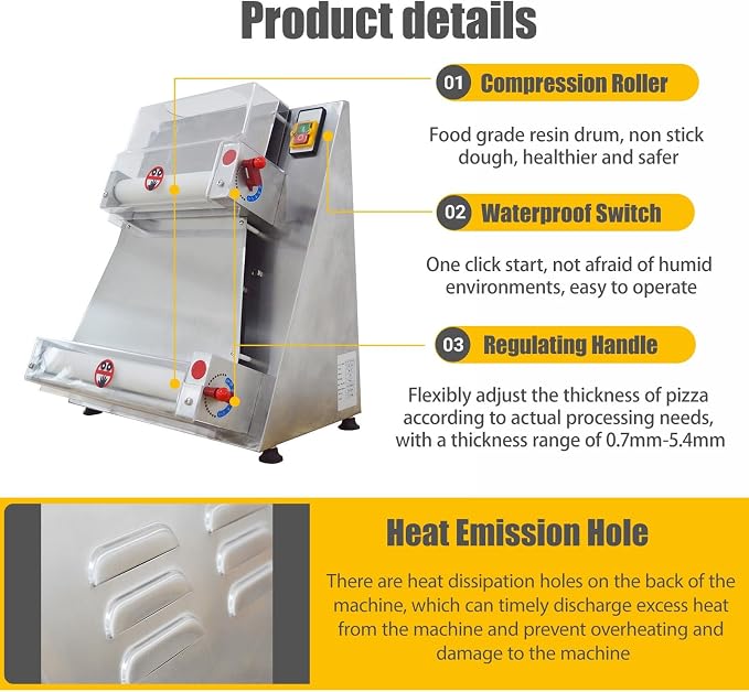 110V Commercial Automatic Pizza Dough Press Machine Adjustable Thickness 370W Electric Pizza Dough Roller Sheeter 4-15.7” Stainless Steel