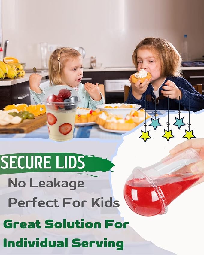 50 Sets 12 oz Clear Plastic Cups with Insert & Dome Lids(NO HOLE) - Disposable Parfait Cups with Lids for Fruit Yogurt Smoothie Iced Cold Drinks Dips and Veggies, No Leaking