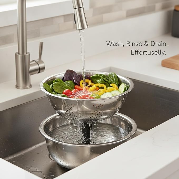 2-Piece Stainless Steel Nested Bowl Set, Deep Basin for Washing Veggies, Draining Pasta, and Food Prep (Silver)