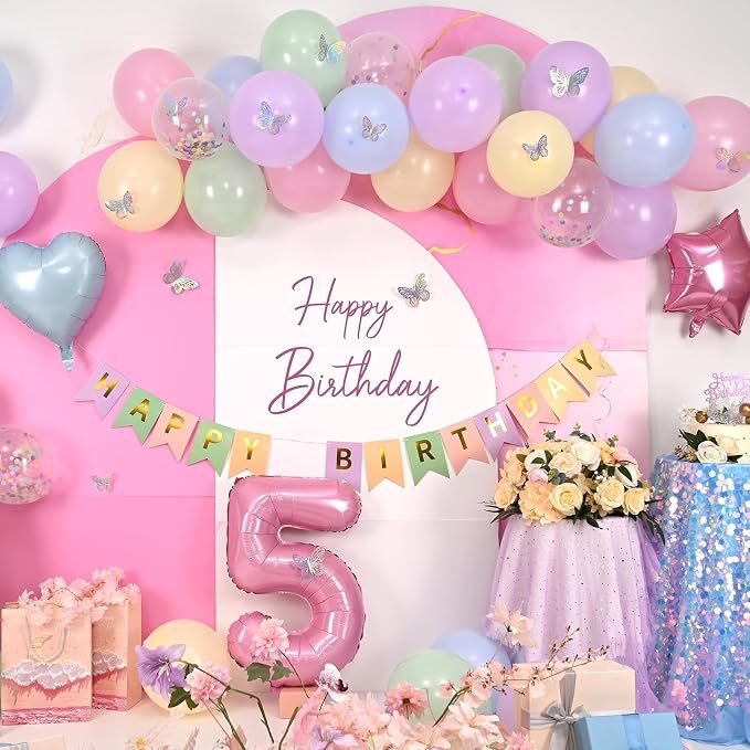 5th Pastel Birthday Party Decorations for Girls Number 5 Balloon Happy Birthday Banner Butterfly Stickers Star Heart Foil Balloons for 5 Year Old Easter Party Decor