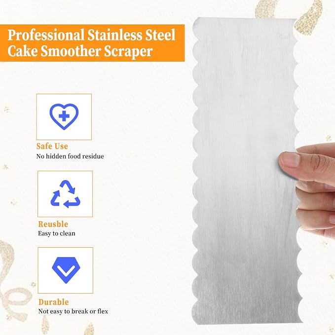 JJUNW 3 Pcs Stainless Steel Cake Scraper, 8.7 inch Double Sided Patterned Edge Stripe Edge Smoother Scraper, Metal Cake Scraper Cake Decorating Comb for Butter Mousse Cream Decoration