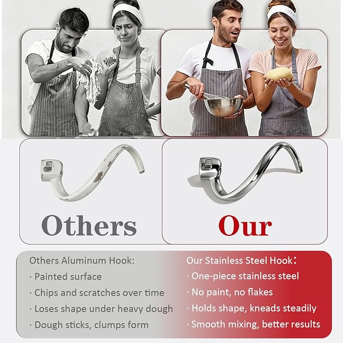 Stainless Steel Spiral Dough Hook for KitchenAid 4.5-5 Quart Tilt-Head Stand Mixer, Dishwasher Safe & Rust-Proof Bread Hook for K45, K45SS, KSM75, KSM90, KSM150 | Long-lasting No chipping or peeling — safer for food contact Easy to clean