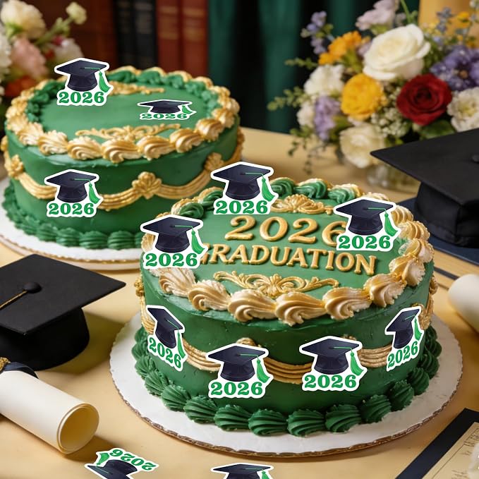42pcs Edible Graduation Cap Cupcake Toppers Wafer Paper Green Class of 2026 Cake Decorations Edible Grad Cap Cupcake Picks for 2026 Graduation Theme Party Cake Decor Supplies