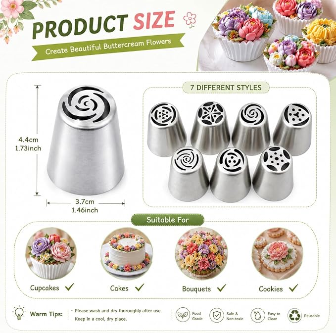 7 Pcs Large Russian Piping Tips Set, Seamless Stainless Steel Flower Frosting Nozzles, One-Press Cake Decorating Tips for Buttercream, Cupcakes, Cookies – Complete Flower Shape Kit