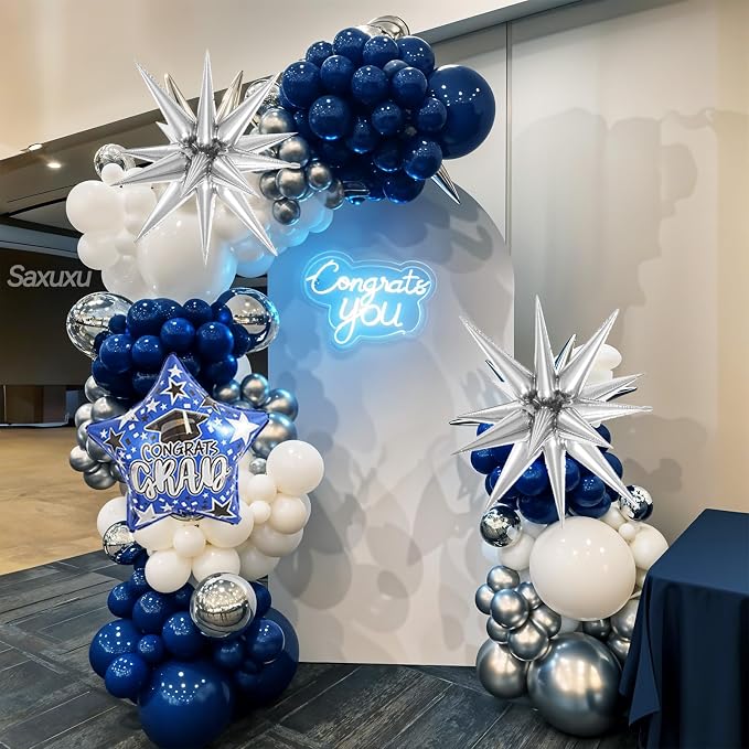 Blue Silver Graduation Balloon Arch, Blue Silver White Balloons Garland Kit, Star Foil Balloons Navy Metallic Blue Balloon For Graduation Birthday Anniversary Bachelorette Party Wedding Decorations