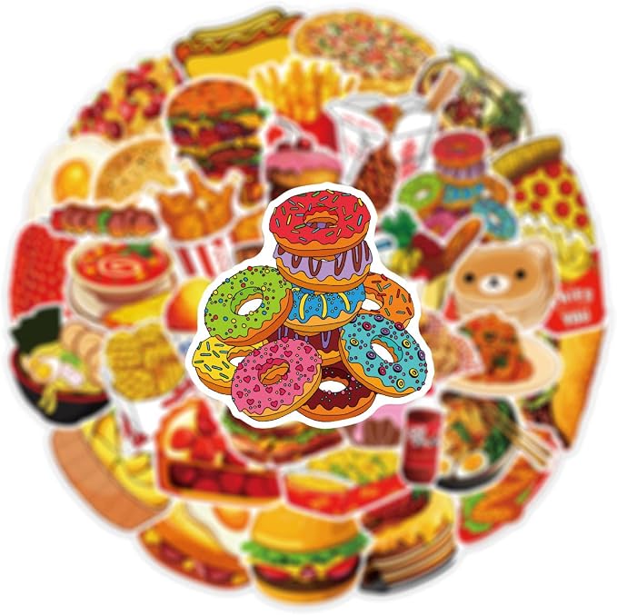 Cute Food Stickers 50PCS Fast Food Sticker Bag Waterproof Vinyl Aesthetic Decals for Scrapbook, Water Bottles, Laptops, Mobile, Skateboard, Guitar, Perfect for Kids Teens Girls