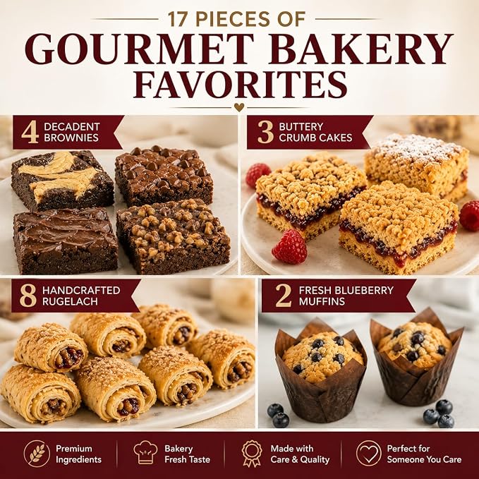 Dulcet Gift Basket – Premium Fresh Gourmet Baked Goods Gift Box for All Occasions – Assorted Brownies, Crumb Cakes, Rugelach & Muffins – Elegant Bakery Dessert Box