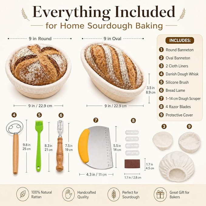 Banneton Bread Proofing Basket Set - 2 Pack 9 Inch Round & Oval Natural Rattan Sourdough Proofing Baskets with Cloth Liners for Artisan Bread Baking Supplies