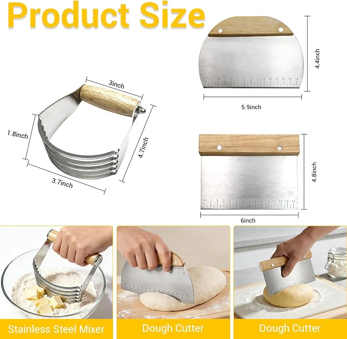 3 PCS Dough Pastry Cutter Scraper Blender Set with Stainless Steel Blades and Comfortable Wood Handle for Biscuit Butter Pie Nut Crust Kitchen Baking Supplies