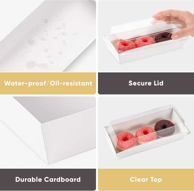 50 Pack 7.5x3.3 Inches Small Charcuterie Boxes with Clear Lids - To Go Paper Mini Treat Box, Charcuterie Boards Accessories, Dessert Boxes, Cookie, Cake Slice, Chocolate Strawberry, Donut (White)